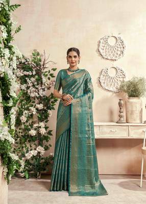 turquoise silk blend blend saree with unstitched blouse piece 1