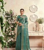 turquoise silk blend blend saree with unstitched blouse piece