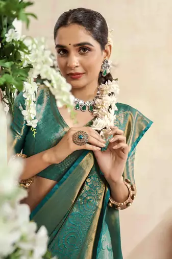 turquoise silk blend blend saree with unstitched blouse piece