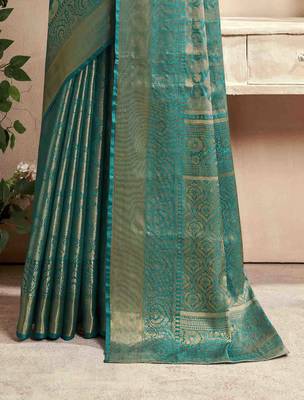 turquoise silk blend blend saree with unstitched blouse piece 3