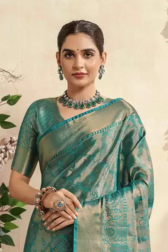 turquoise silk blend blend saree with unstitched blouse piece