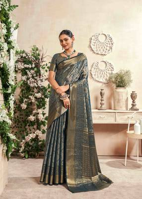 teal silk blend blend saree with unstitched blouse piece 1