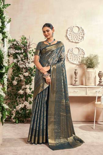 teal silk blend blend saree with unstitched blouse piece