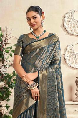 teal silk blend blend saree with unstitched blouse piece 2