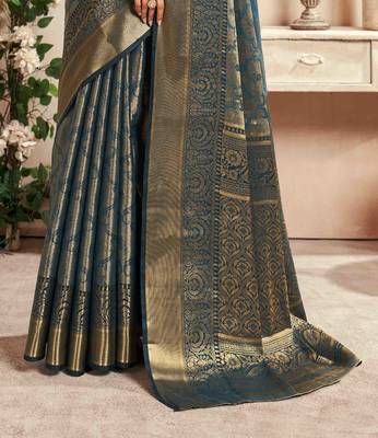 teal silk blend blend saree with unstitched blouse piece 3