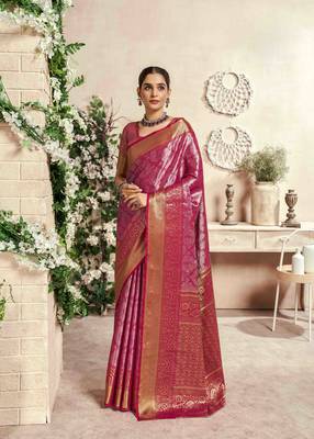magenta silk blend blend saree with unstitched blouse piece 1