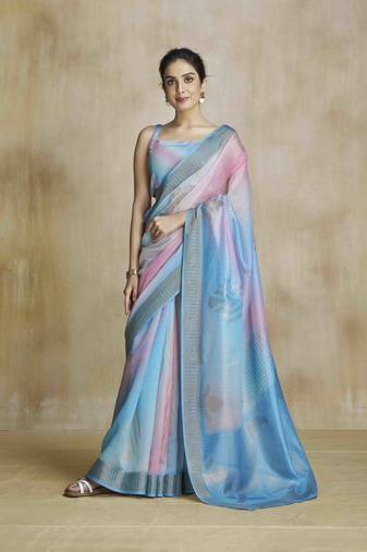 multi color silk blend blend saree with unstitched blouse piece