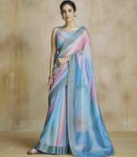 multi color silk blend blend saree with unstitched blouse piece