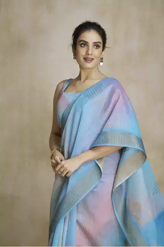 multi color silk blend blend saree with unstitched blouse piece