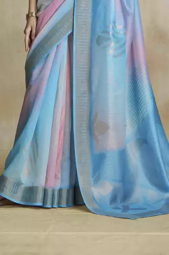 multi color silk blend blend saree with unstitched blouse piece