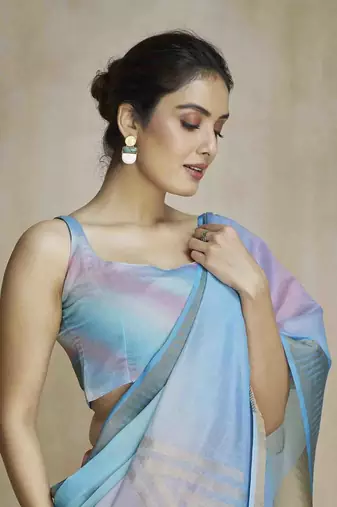 multi color silk blend blend saree with unstitched blouse piece