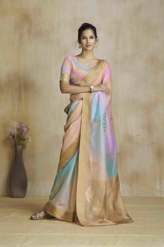 multi color silk blend blend saree with unstitched blouse piece