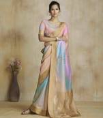 multi color silk blend blend saree with unstitched blouse piece
