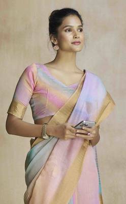 multi color silk blend blend saree with unstitched blouse piece 2