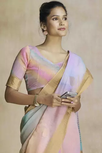 multi color silk blend blend saree with unstitched blouse piece