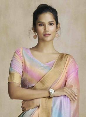 multi color silk blend blend saree with unstitched blouse piece 4