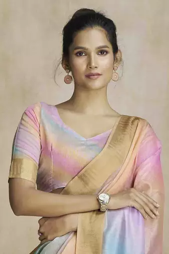 multi color silk blend blend saree with unstitched blouse piece