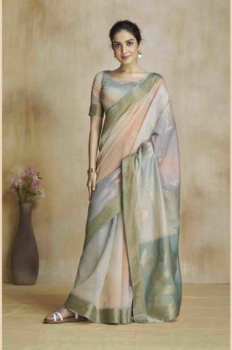 multi color silk blend blend saree with unstitched blouse piece