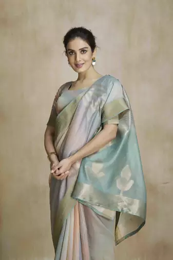 multi color silk blend blend saree with unstitched blouse piece
