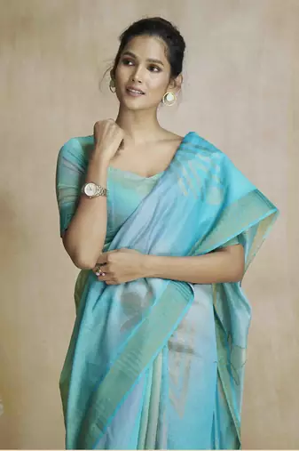 multi color silk blend blend saree with unstitched blouse piece
