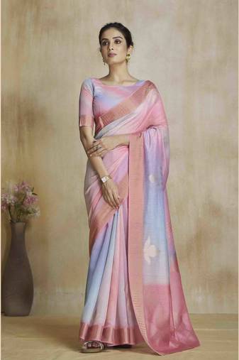 multi color silk blend blend saree with unstitched blouse piece