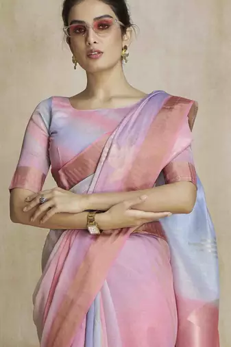 multi color silk blend blend saree with unstitched blouse piece