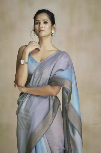 multi color silk blend blend saree with unstitched blouse piece