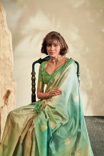 mint cotton silk blend saree with unstitched blouse piece
