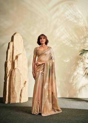 beige cotton silk blend saree with unstitched blouse piece 3