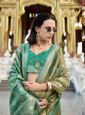 olive tissue silk blend saree with unstitched blouse piece 4