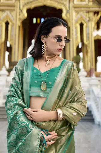 olive tissue silk blend saree with unstitched blouse piece