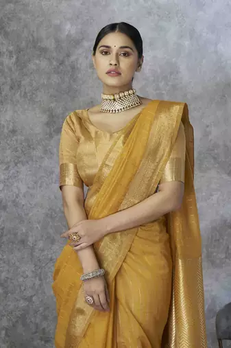 mustard cotton silk blend saree with unstitched blouse piece