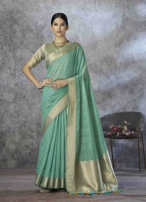 sea green cotton silk blend saree with unstitched blouse piece 3
