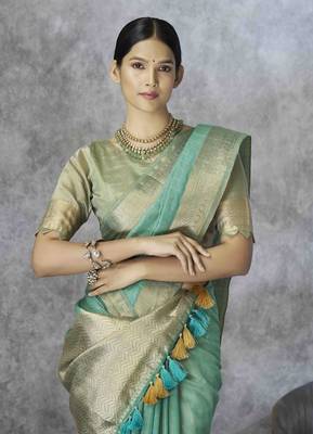 sea green cotton silk blend saree with unstitched blouse piece 4