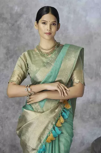 sea green cotton silk blend saree with unstitched blouse piece