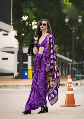 purple japan satin saree with unstitched blouse piece 1