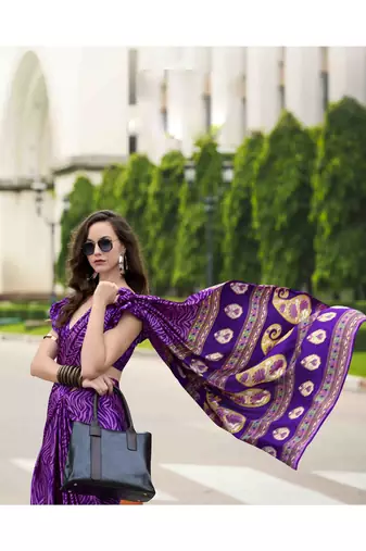 purple japan satin saree with unstitched blouse piece