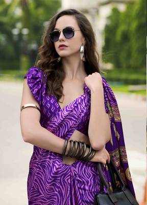 purple japan satin saree with unstitched blouse piece 3