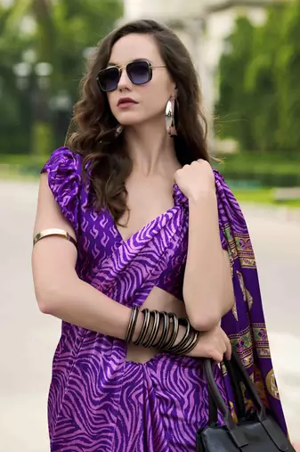 purple japan satin saree with unstitched blouse piece