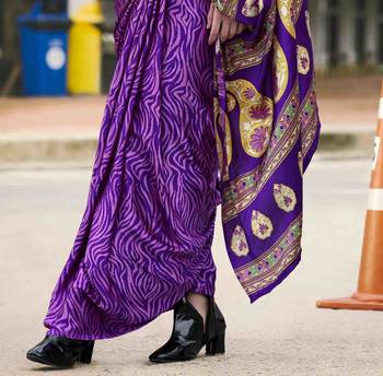 purple japan satin saree with unstitched blouse piece 4