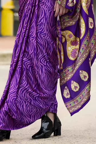 purple japan satin saree with unstitched blouse piece