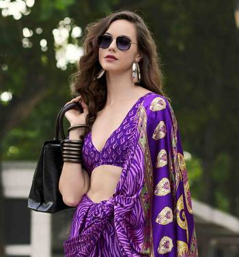 purple japan satin saree with unstitched blouse piece 5