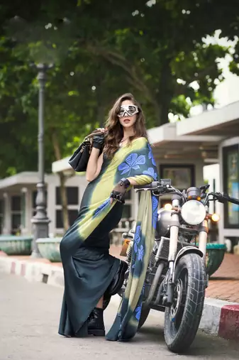 teal japan satin saree with unstitched blouse piece