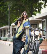 teal japan satin saree with unstitched blouse piece