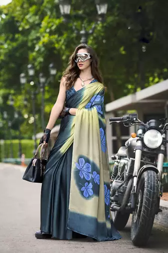 teal japan satin saree with unstitched blouse piece