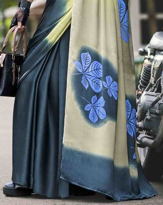 teal japan satin saree with unstitched blouse piece 4