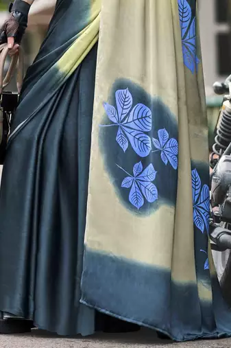 teal japan satin saree with unstitched blouse piece