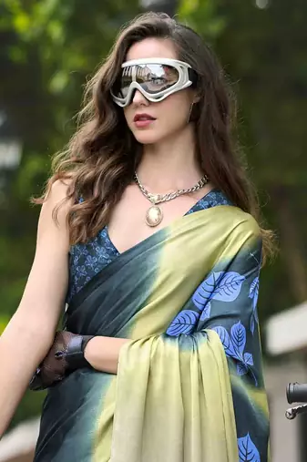 teal japan satin saree with unstitched blouse piece