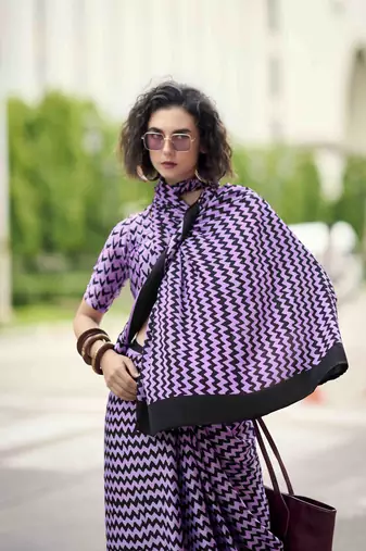 lavender japan satin saree with unstitched blouse piece