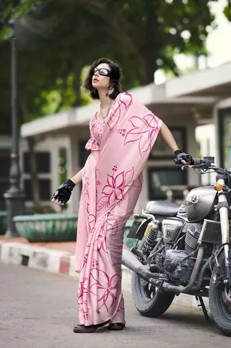 baby pink japan satin saree with unstitched blouse piece